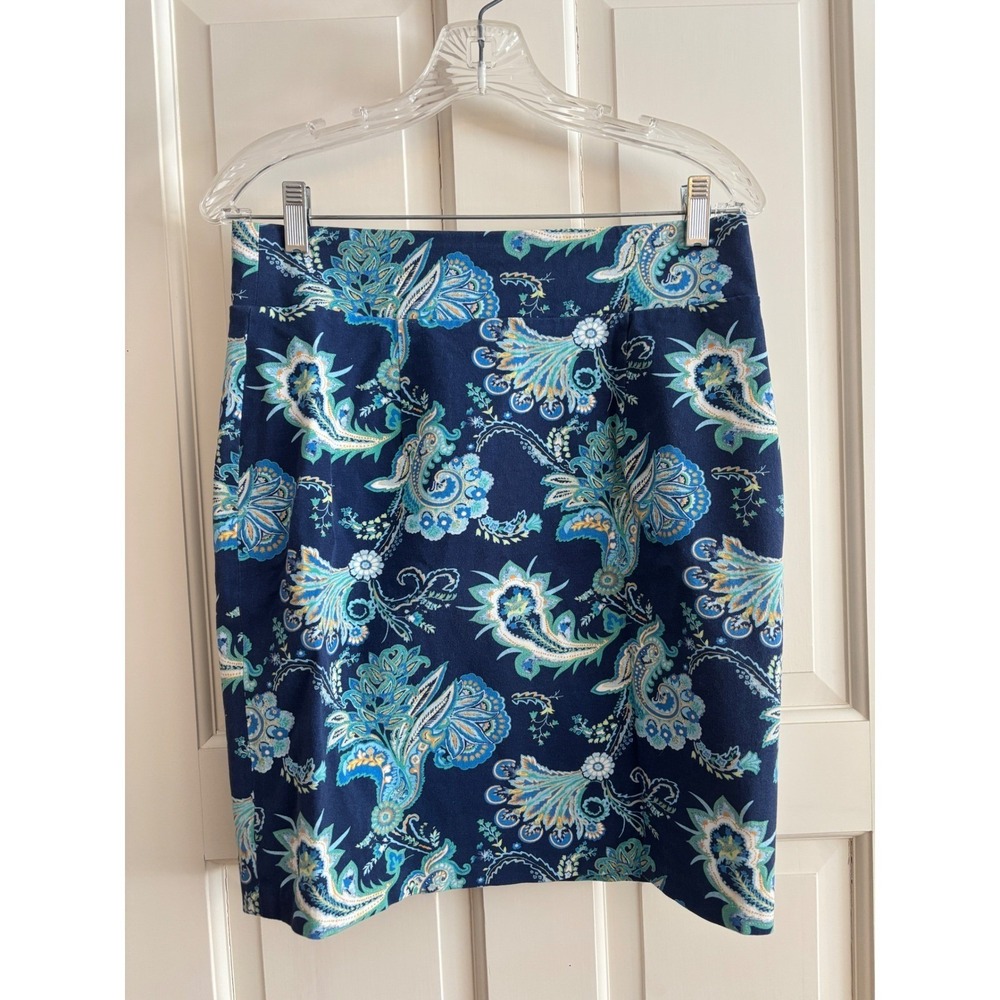 J.McLaughlin Navy Blue Paisley Floral Cotton Stretch Pencil Skirt Size 6